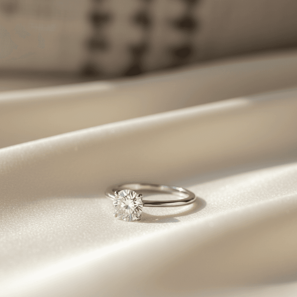 Diamond solitaire engagement ring on cream silk fabric, catching warm natural light with pristine sparkle and detail